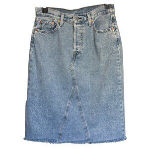 Levis Button-Fly Blue Denim Midi Skirt 100% Cotton w/ Raw Hem Womens Size 29